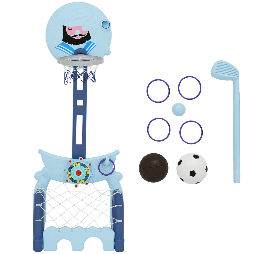 Tabela de Basquetebol 4 em 1 com Altura Ajustável para Crianças acima de 3 Anos Centro de Atividades Jogo de Golf Bola de Futebol 58x56x154cm Azul — foto 1