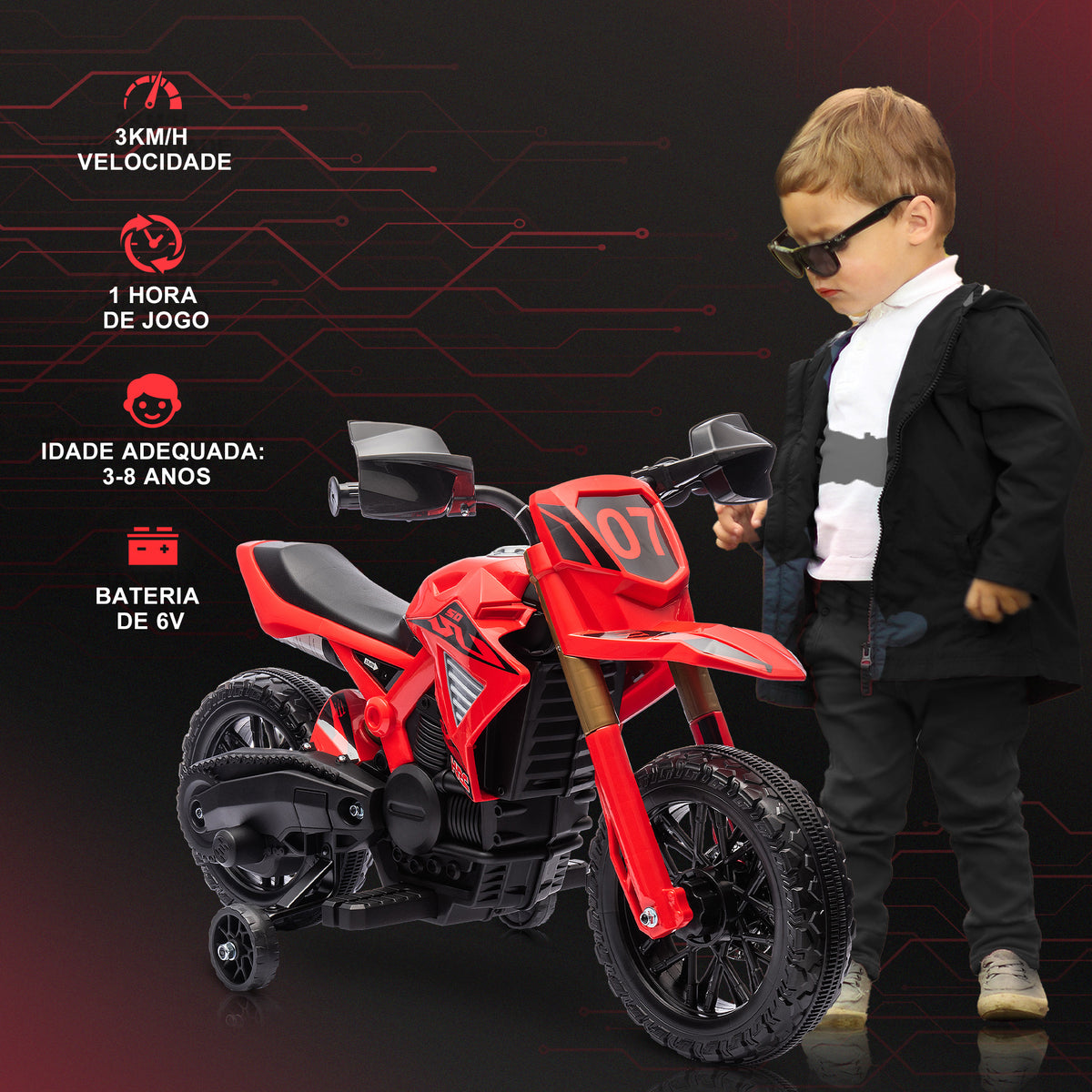 AIYPLAY Mota Elétrica para Crianças acima de 3 Anos Moto a Bateria para Crianças 6V com Rodas de Treino e Buzina Mota para Crianças Carga 30 kg 105x57x62 cm Vermelha — foto 4