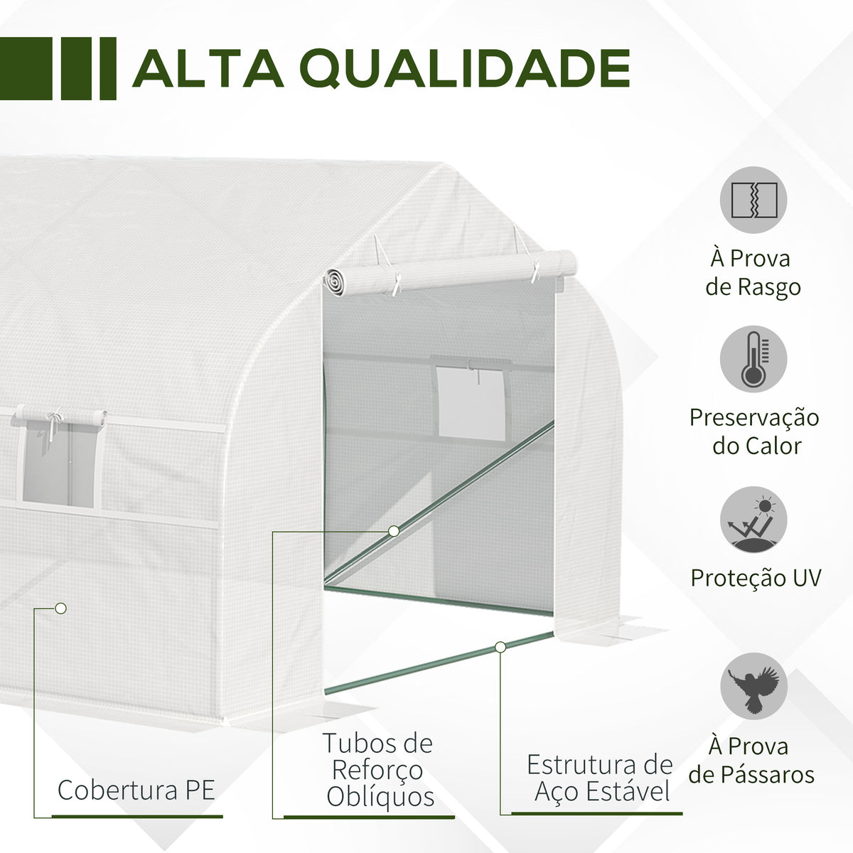 Estufa Tipo Túnel de Jardim 600x300x200cm para Cultivo de Plantas Verduras com 8 Janelas e Porta Enroláveis com Zíper Aço Branco — foto 4