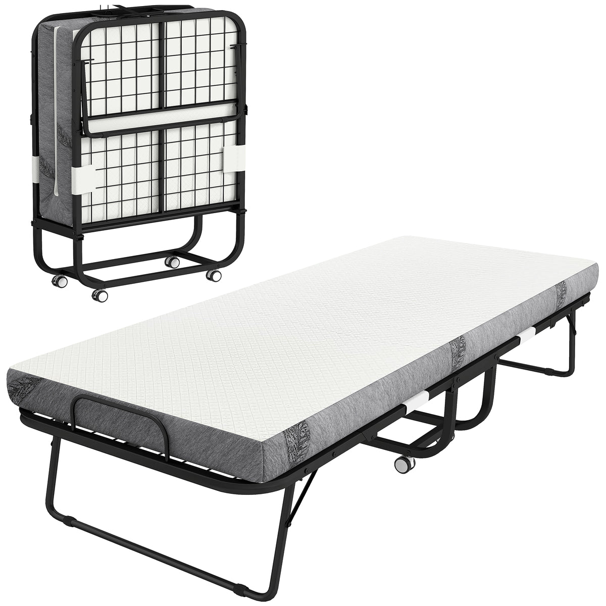 Cama Dobrável 200x75x42,5cm Cama de Campismo Portátil com Colchão Individual Rodas e Freios Carga Máxima 150kg para Dormitórios Branco — foto 1