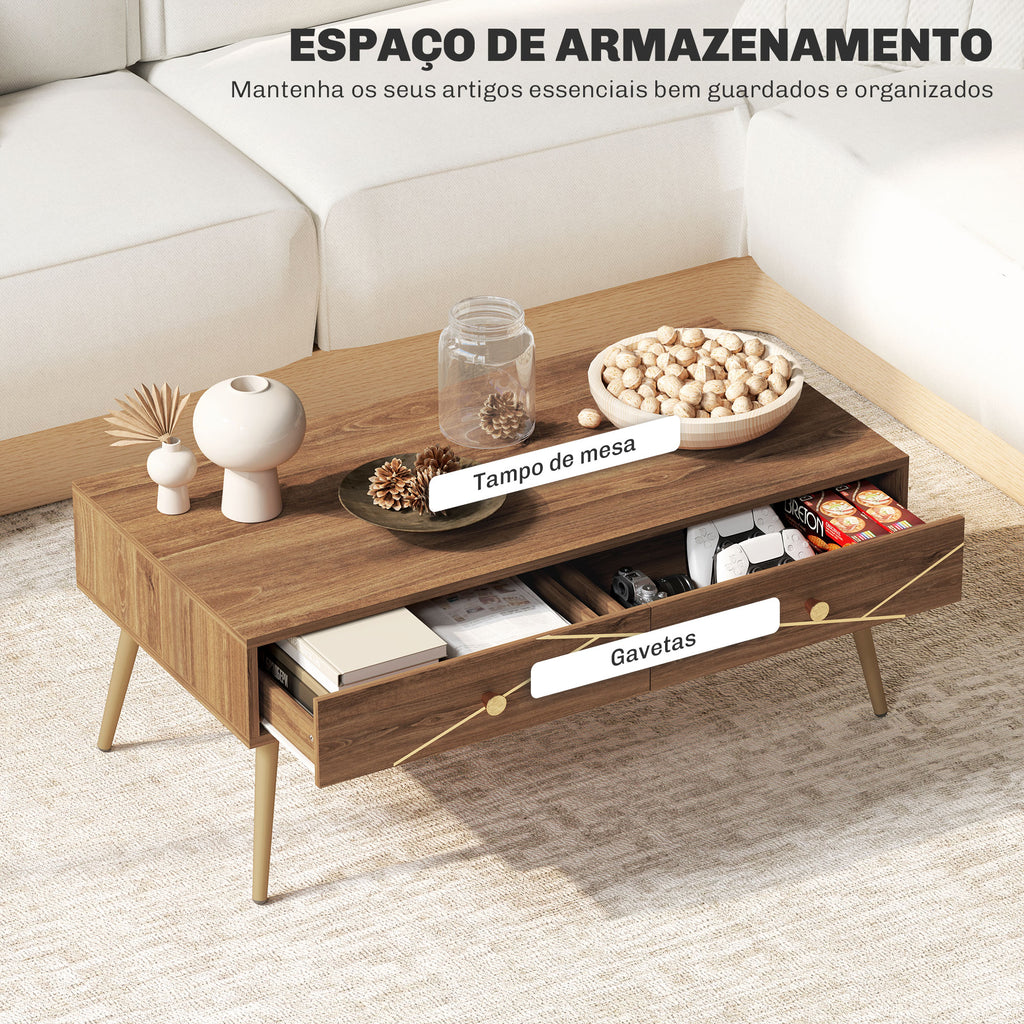 Mesa de Centro Mesa Auxiliar para Sala de Estar com 2 Gavetas e Pés de Aço para Dormitório Sala de Estar 100x50x41 cm Marrom — foto 5