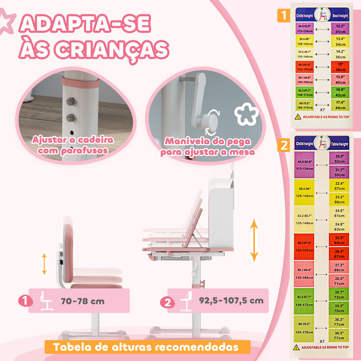 Conjunto de Secretária e Cadeira para Crianças acima de 3 Anos Secretária Infantil Altura Ajustável com Tampo Inclinável Gaveta e Prateleiras Encosto Acolchoado, para Livros 80x55x107,5 cm Rosa — foto 5