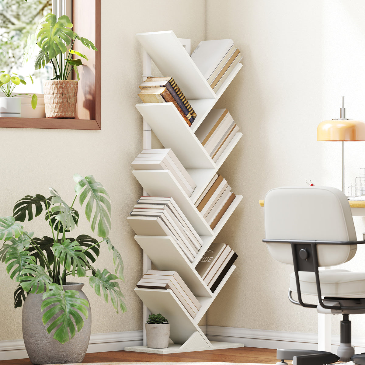 Estante em Forma de Árvore de 9 Níveis Estante de Livros com 9 Prateleiras e Estrutura de Aço para Sala de Estar Escritório Estúdio Quarto 50x24x136 cm Branco — foto 2