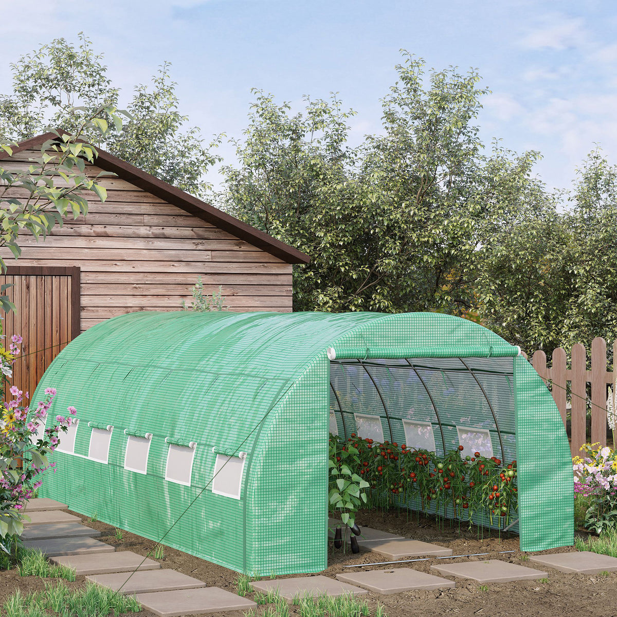 Estufa de Túnel de Jardim 597x300x200 cm com Porta Lateriais e Janelas Enroláveis Cobertura de PE 140g/m² e Metal Galvanizado para Cultivos de Plantas Verduras Verde — foto 2