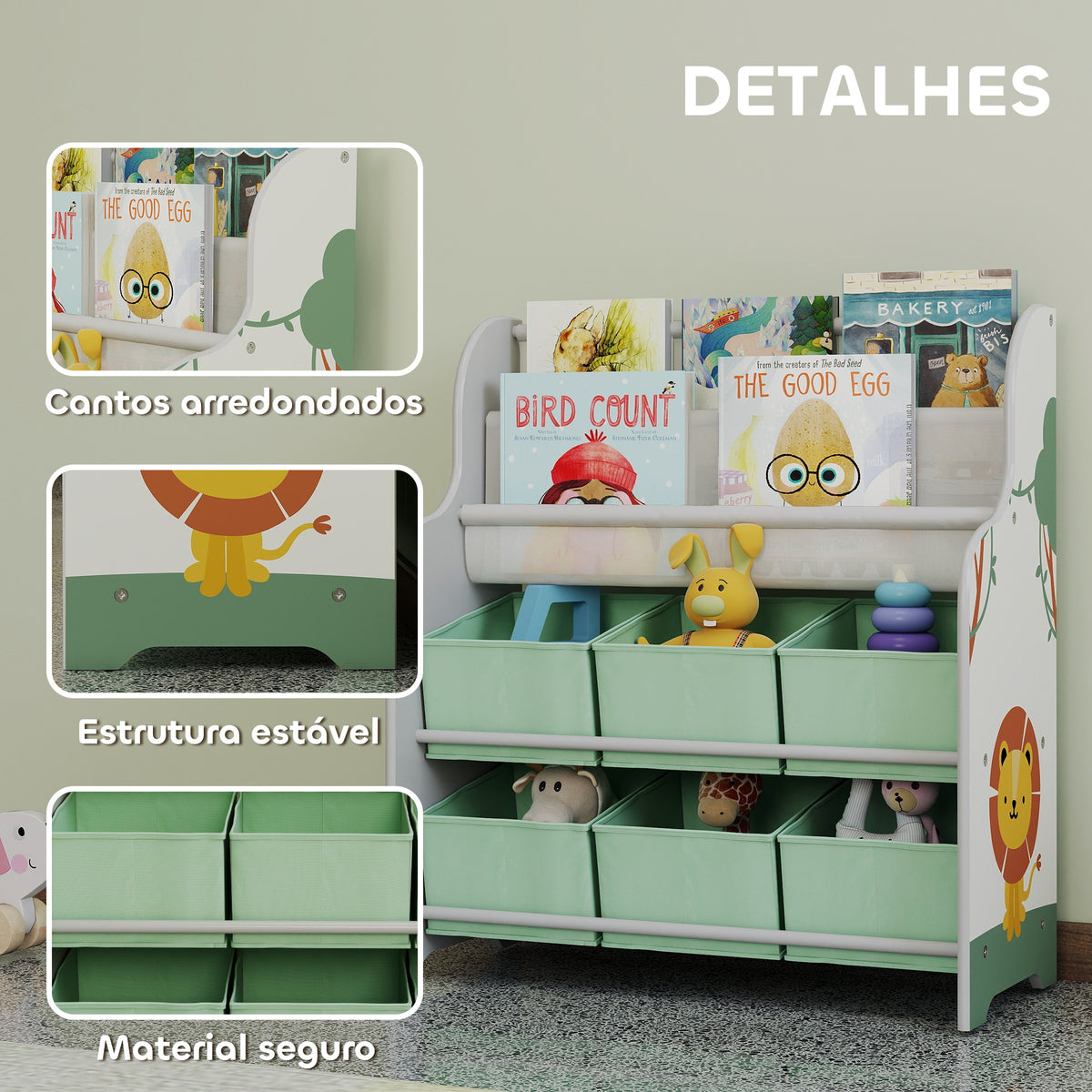 Estante Infantil para Brinquedos com 6 Caixas de Tecido Não Tecido Organizador de Brinquedos com 2 Prateleiras para Quarto Infantil Sala de Brincar Escola Infantil 63x30x71 cm Verde — foto 5