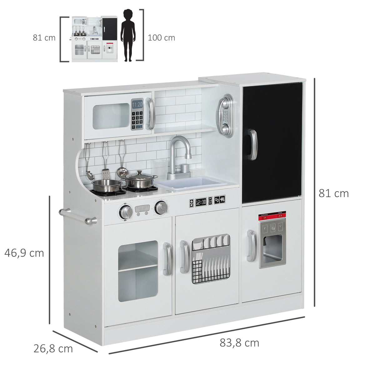 Cozinha de Brincar para Crianças acima de 3 anos Cozinha Infantil de Madeira com Acessórios Máquina de Gelo Ardósia e Telefone 83,8x26,8x81 cm Branco — foto 3