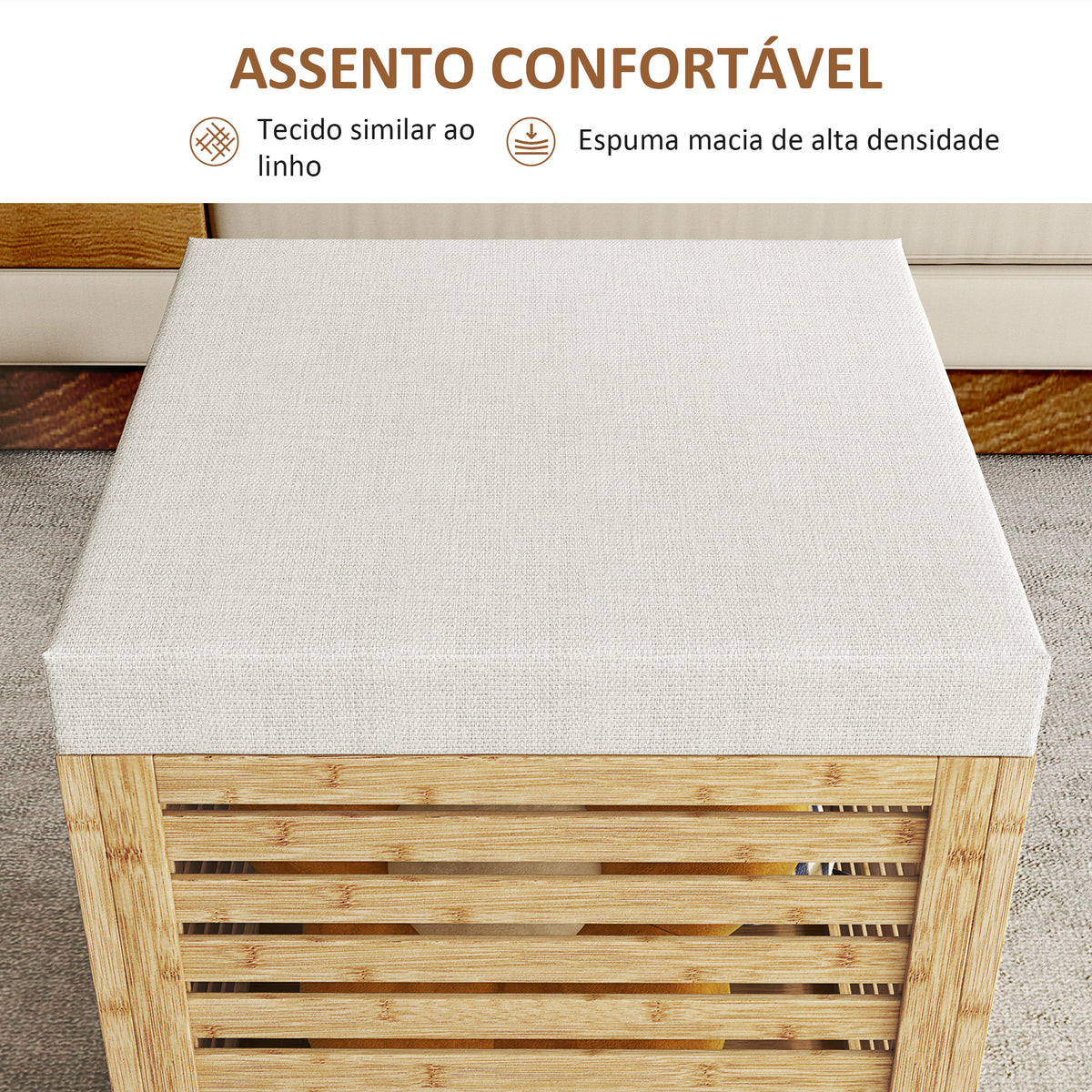 Banco com Armazenamento para Dormitório 57,7L Banco com Arrumação Estofado em Linho Sintético com Estrutura em Bambu para Entrada Sala de Estar 40x40x47 cm Cinza e Madeira — foto 5