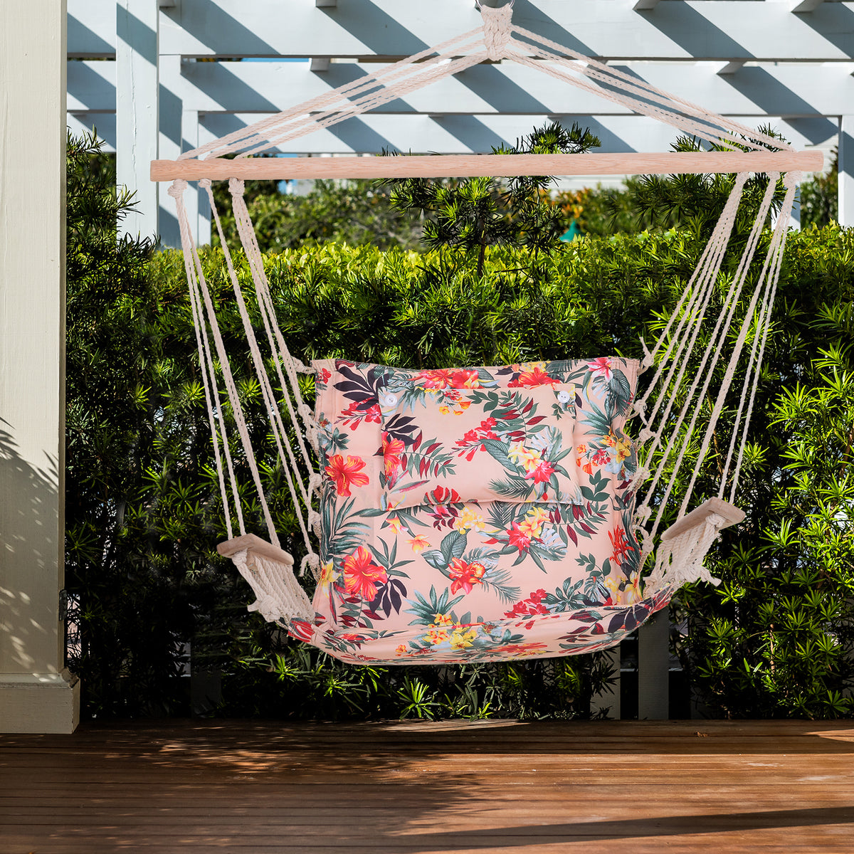 Cadeira Rede Suspensa com Estampa Floral Almofada de Apoio para a Cabeça Cadeira Rede Baloiço para Interior e Exterior Carga Máxima 105kg 100x106cm Multicor — foto 2