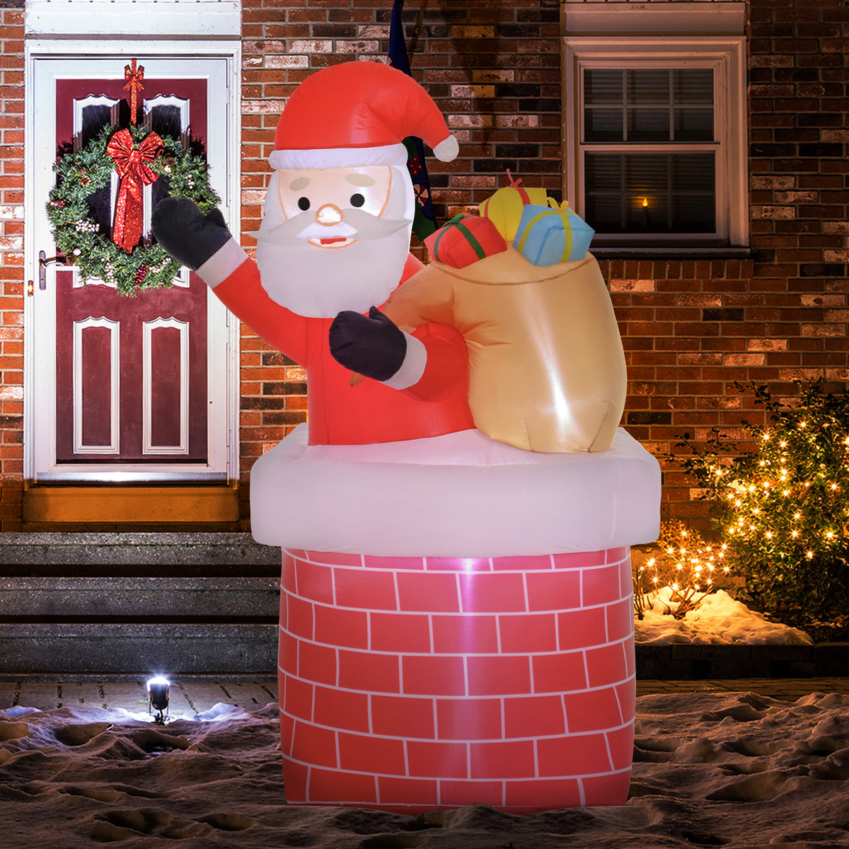Pai Natal Insuflável com Sacos de Presente Saindo de uma Chaminé Decoração de Natal Insuflável com Luzes LED par Exterior 130x82x195 cm Vermelho — foto 2