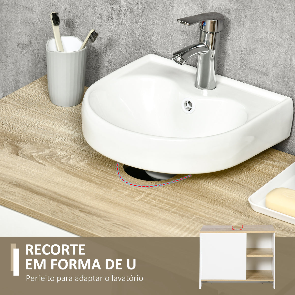 Móvel para Lavatório Pousar Móvel Casa de Banho Moderno com Prateleiras Abertas e Armário 77x45x60 cm Branco e Madeira — foto 4