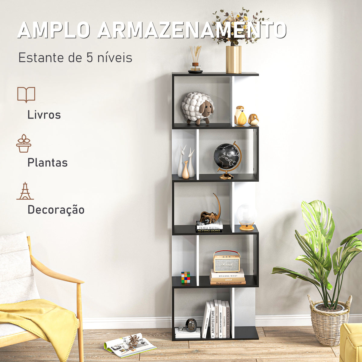Estante de 5 Níveis, Biblioteca, Estante para Livros em Forma de S, para Sala, Quarto, Escritório, 24x60x184,5 cm, Branco e Preto — foto 4