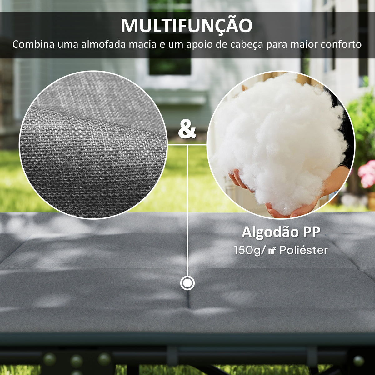 Cama Dobrável de Campismo Cama Portátil para Acampamento Praia com Apoio de Cabeça e Bolso Lateral Suporta até 150 kg 187x67x37 cm Cinzento — foto 5