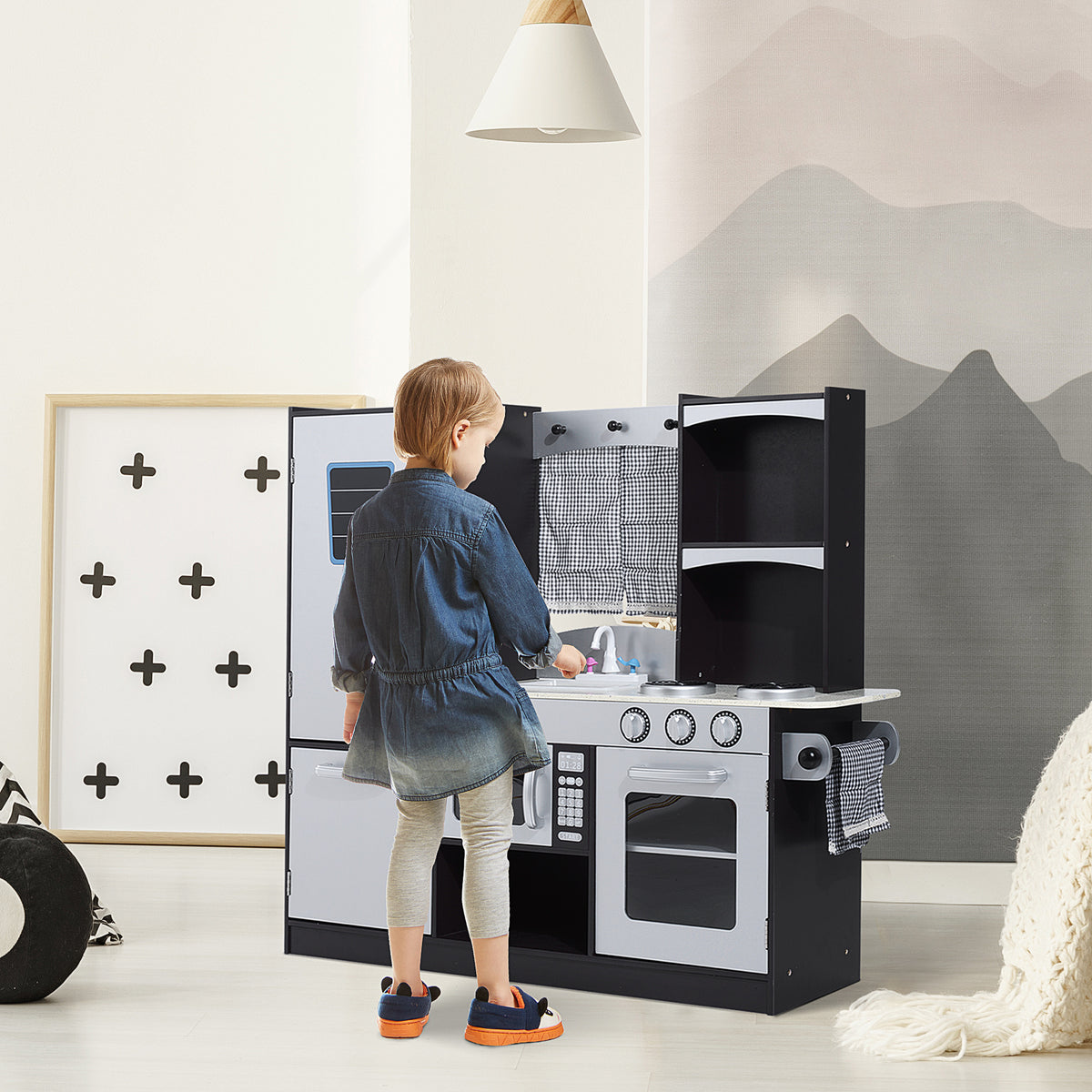 Cozinha de Brinquedo Infantil Cozinha de Madeira para Crianças acima de 3 Anos com Acessórios Cozinha para Crianças com Forno Micro-Ondas Lavatório 105x31,5x95 cm Cinza e Preto — foto 2