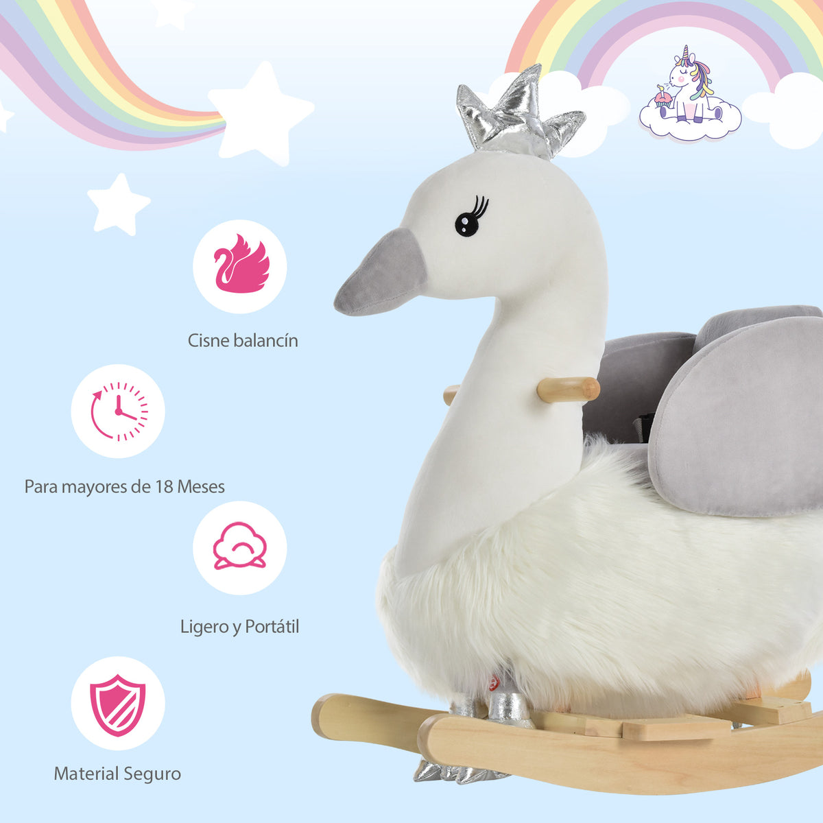 Cavalo Baloiço para Bebés acima de 18 Meses com Forma de Cisnei com Sons Apoio para os Pés e Cinto de Segurança 60x33x59 cm Branco e Cinza — foto 4