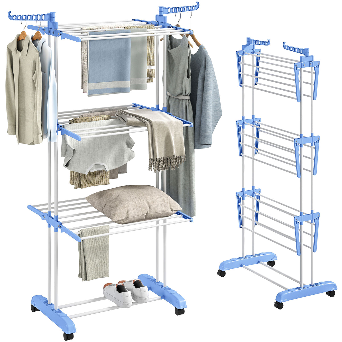 Estendal Dobrável para Roupa com Rodas Estendal Vertical de Aço com 3 Níveis Laterais Dobráveis Carga Máxima 70kg 73x64x177cm Azul e Branco — foto 1