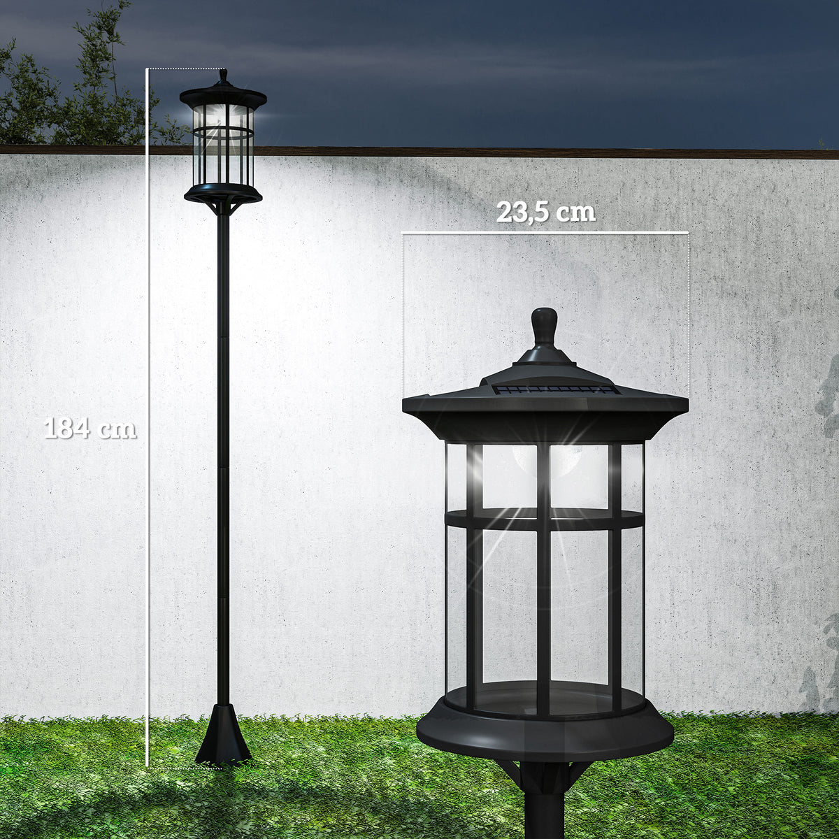 2 Candeeiros Solares de Exterior Candeiro Solar com Painel Solar Acendimento Automático e Estrutura de Aço Inoxidável Impermeável IP44 para Varanda Pátio 23,5x23,2x184 cm Preto — foto 3