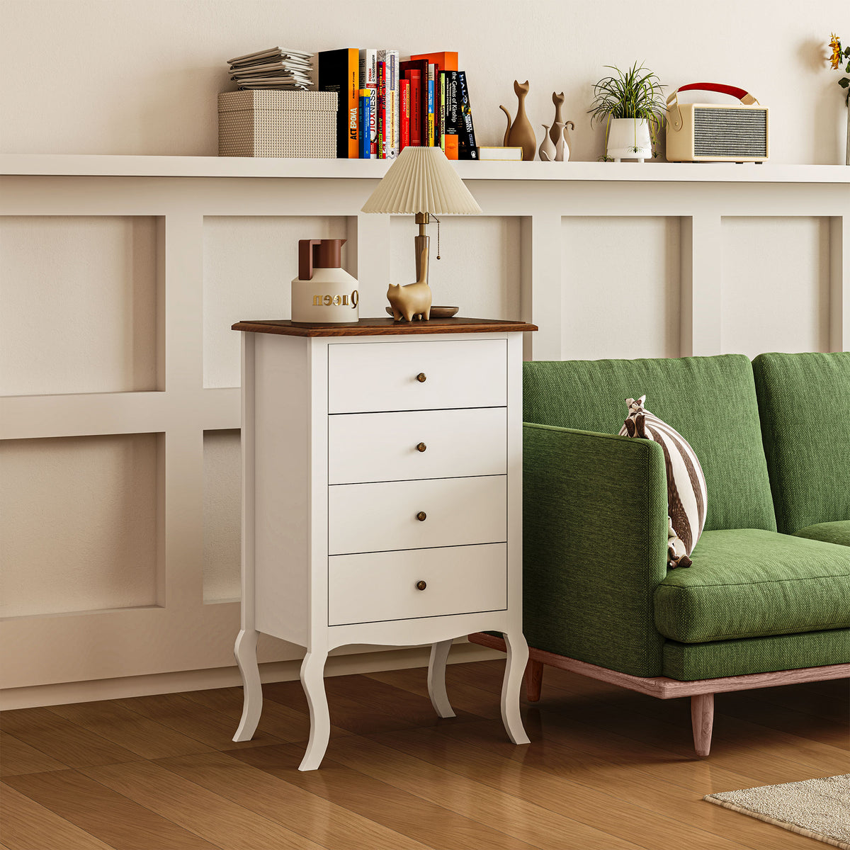 Cómoda com 4 Gavetas Cómoda para Dormitório Estilo Francês com Sistema Anti-Tombo Cómoda para Sala de Estar 60x40x98,5 cm Branco e Madeira — foto 2