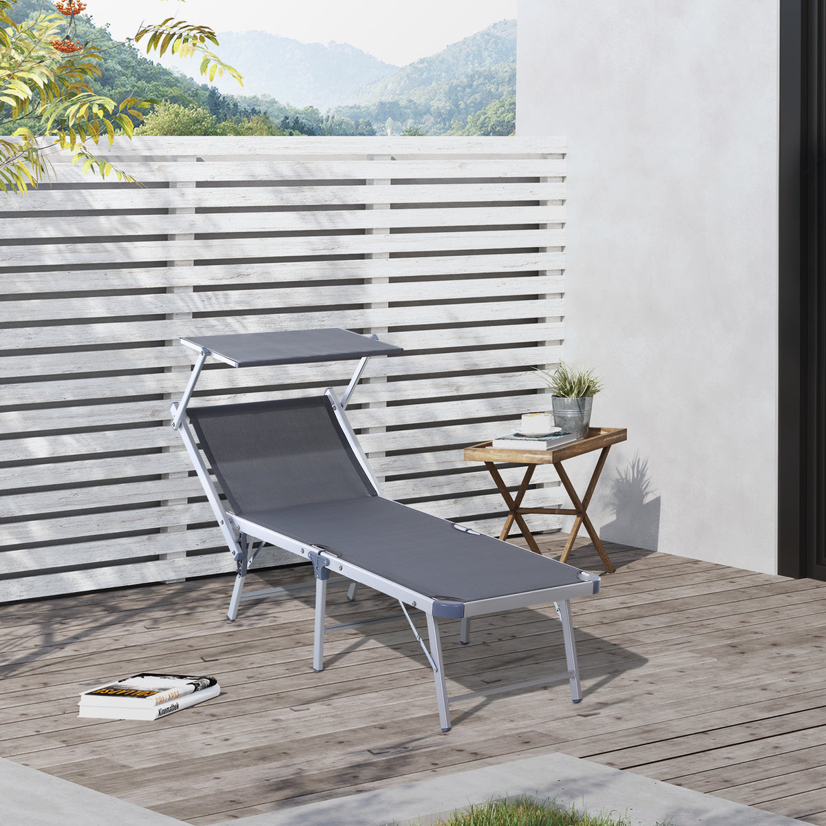 Espreguiçadeira Dobrável e Reclinável com Toldo Ajustável em Ângulo Espreguiçadeira para Jardim Terraço Campismo Exterior 169x72x55-72cm Cinza — foto 2