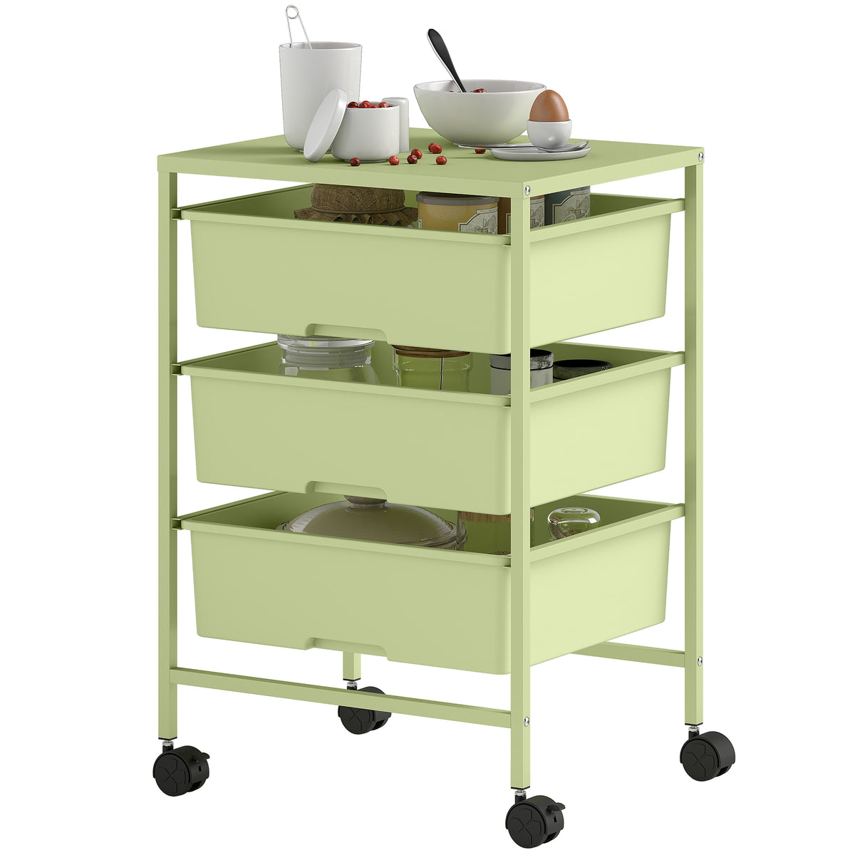 Carrinho Auxiliar com Rodas Carrinho de Cozinha de 3 Níveis com 3 Cestos para Armazenamento e Estrutura de Aço para Sala de Jantar Banheiro 40,8x33,5x60,5 cm Verde — foto 1
