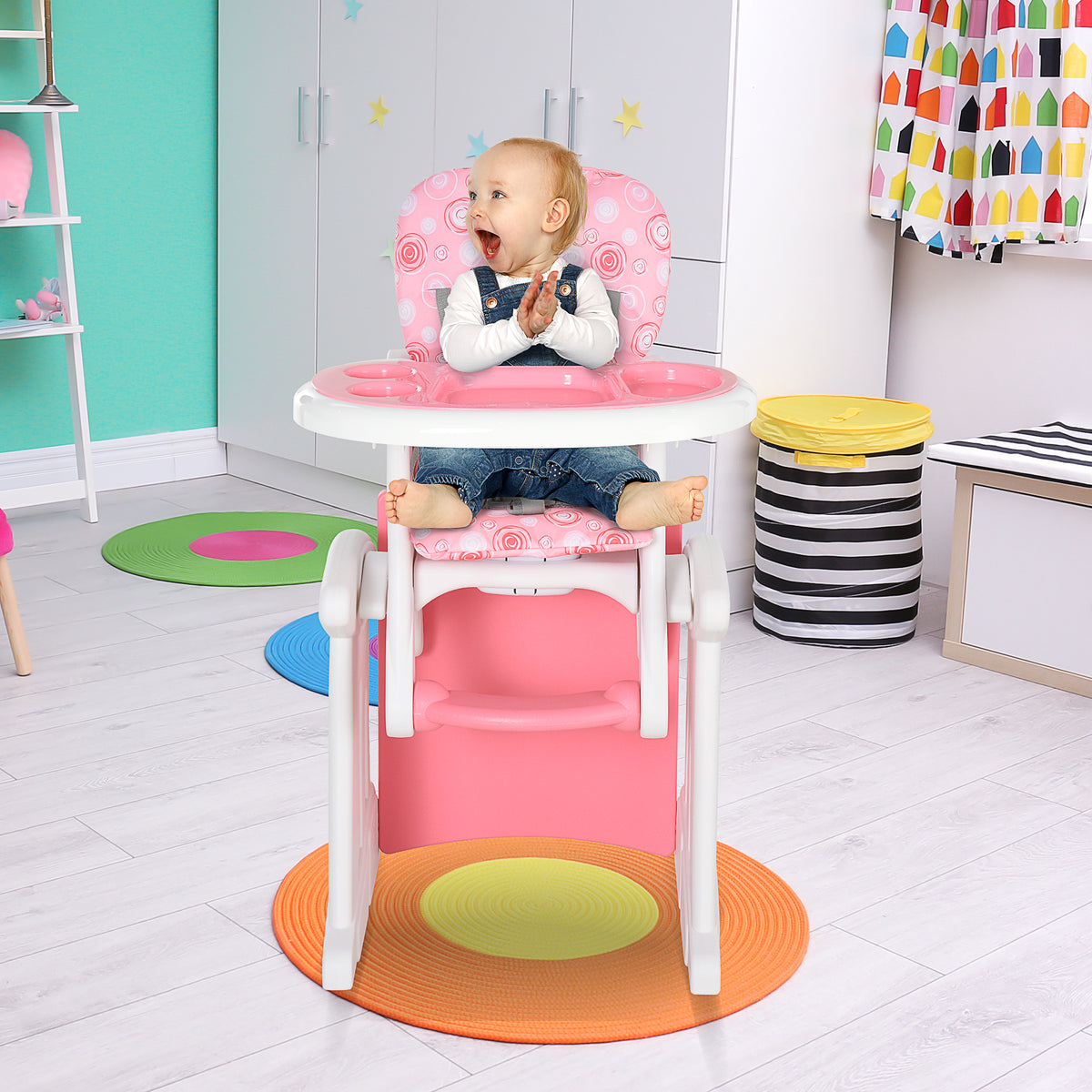 Cadeira para bebês 3 em 1 por mais de 6 meses Transformar em mesa e cadeira multifuncional Ajustável em 3 posições encosto alto Acolchoado com 2 bandejas removíveis 57x59x105 cm Rosa — foto 2