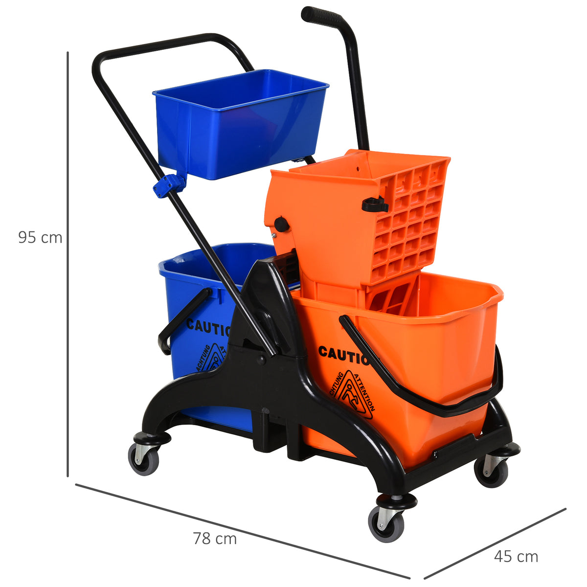 Balde para esfregona comercial Balde para esfregona com escorredor de baixa pressão 26L Capacidade com 4 rodas silenciosas Baldes separados duplos 78x45x95cm Laranja e azul — foto 3