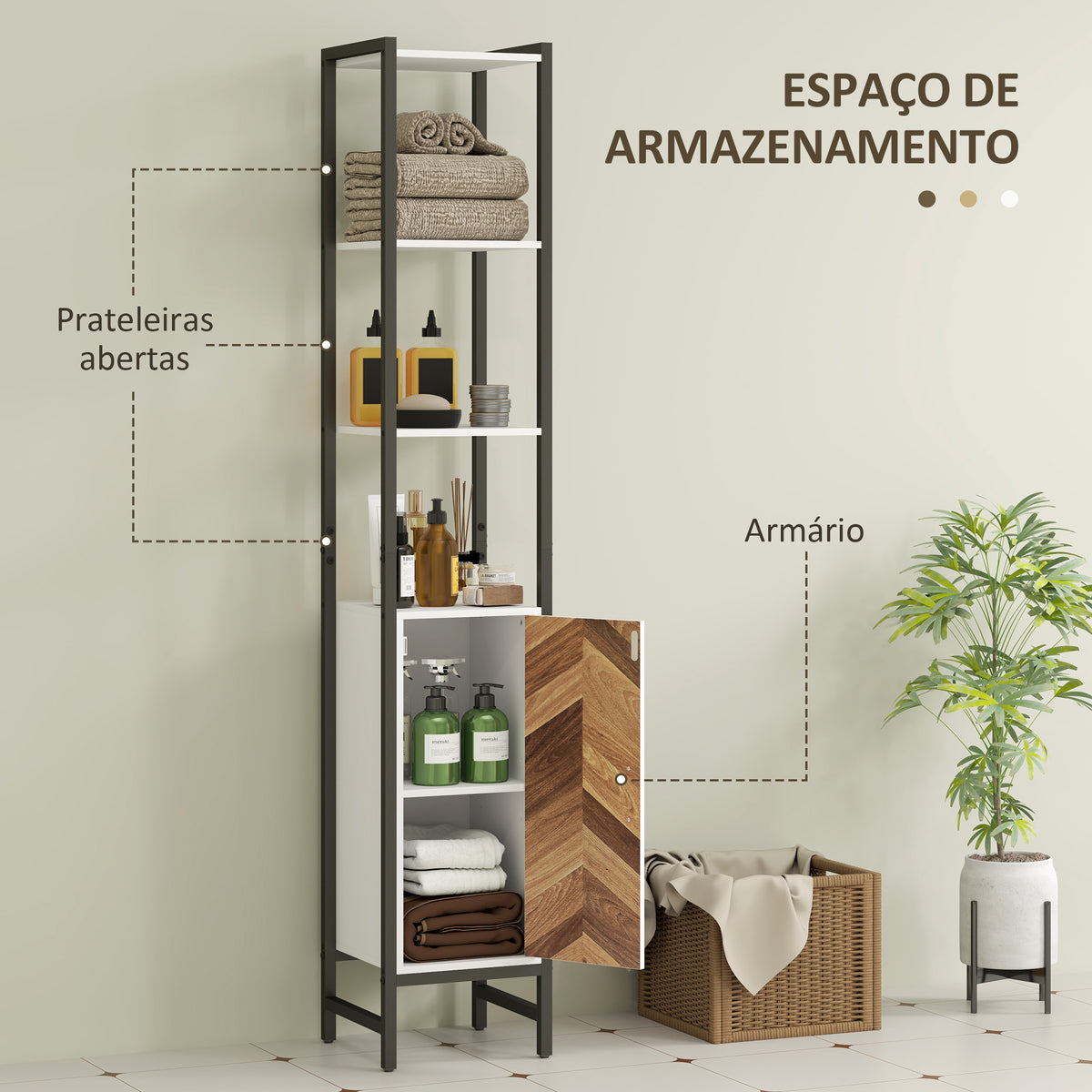 Coluna Casa de Banho Armário Alto Casa de Banho com 3 Prateleiras Abertas 1 Porta e Prateleira Ajustável Móvel Auxiliar Casa de Banho com Sistema Anti-Tombo 30x30x170 cm Branco e Madeira — foto 4