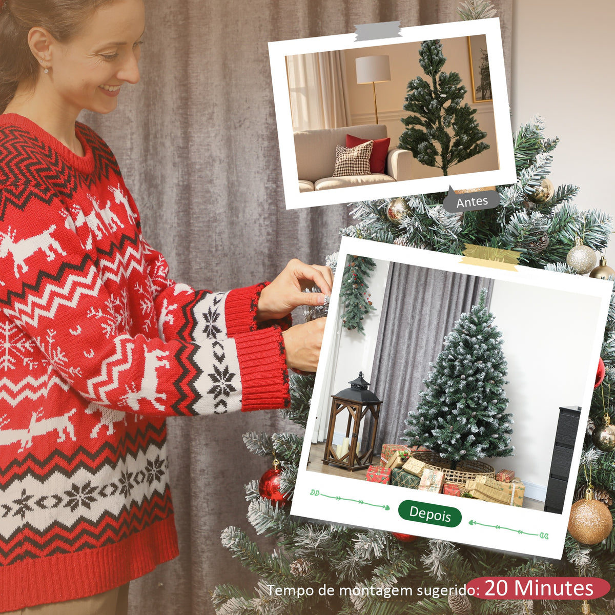 Árvore de Natal Artificial 150 cm Árvore de Natal com 581 Ramos com Efeito Neve 44 Pinhas e Suporte Metálico Dobrável Montagem Fácil para Sala Interior Verde — foto 6