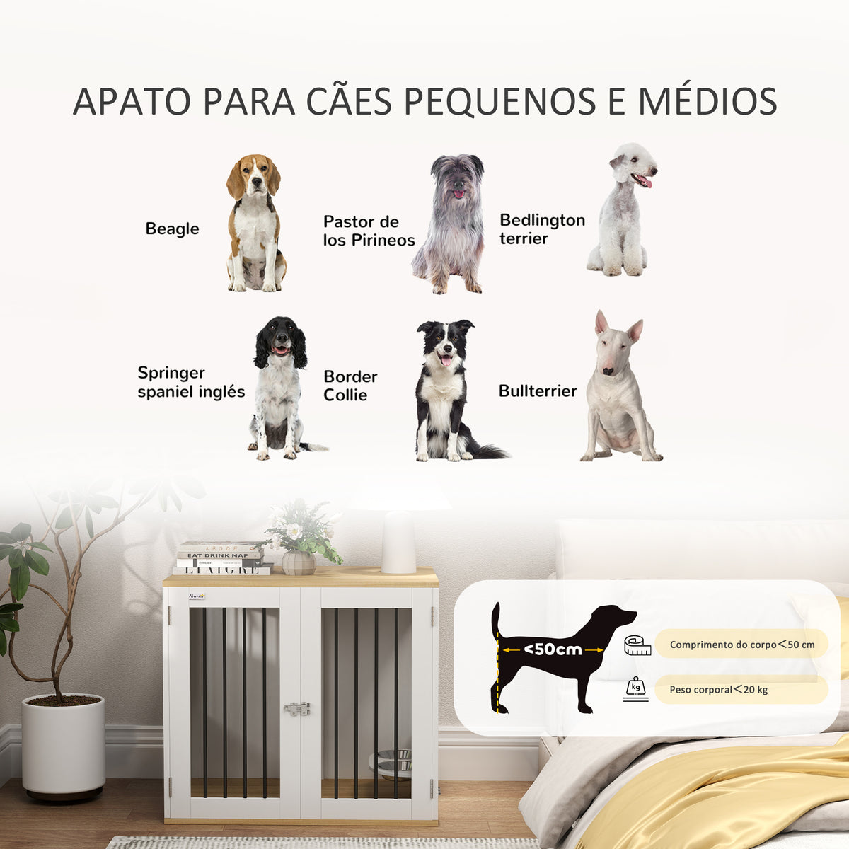Gaiola para Cães Médios 2 em 1 Mesa Auxiliar com 2 Portas com Trava Comedouro Giratório de 360° 2 Tigelas e Almofadas Antiderrapantes 80x55x71,5 cm Branco — foto 7