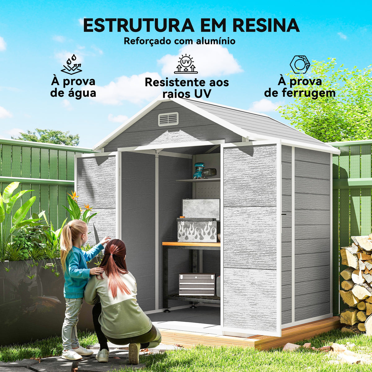 Abrigo de Jardim em Resina com Piso 182x151x219 cm Efeito Madeira Estrutura Reforçada em Alumínio Janela Ventilação Portas Duplas com Fechadura Cinzento — foto 4
