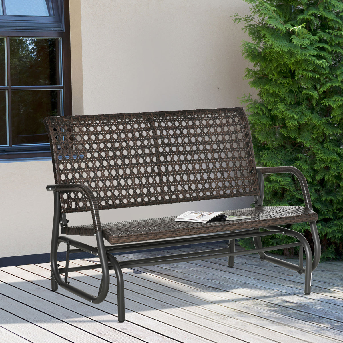 Banco Baloiço de Vime de 2 Lugares Baloiço de Jardim com Balanço Ergonómico e Estrutura de Metal para Terraço Balcão Exterior Carga 220kg 70x120x84cm Marrom — foto 2
