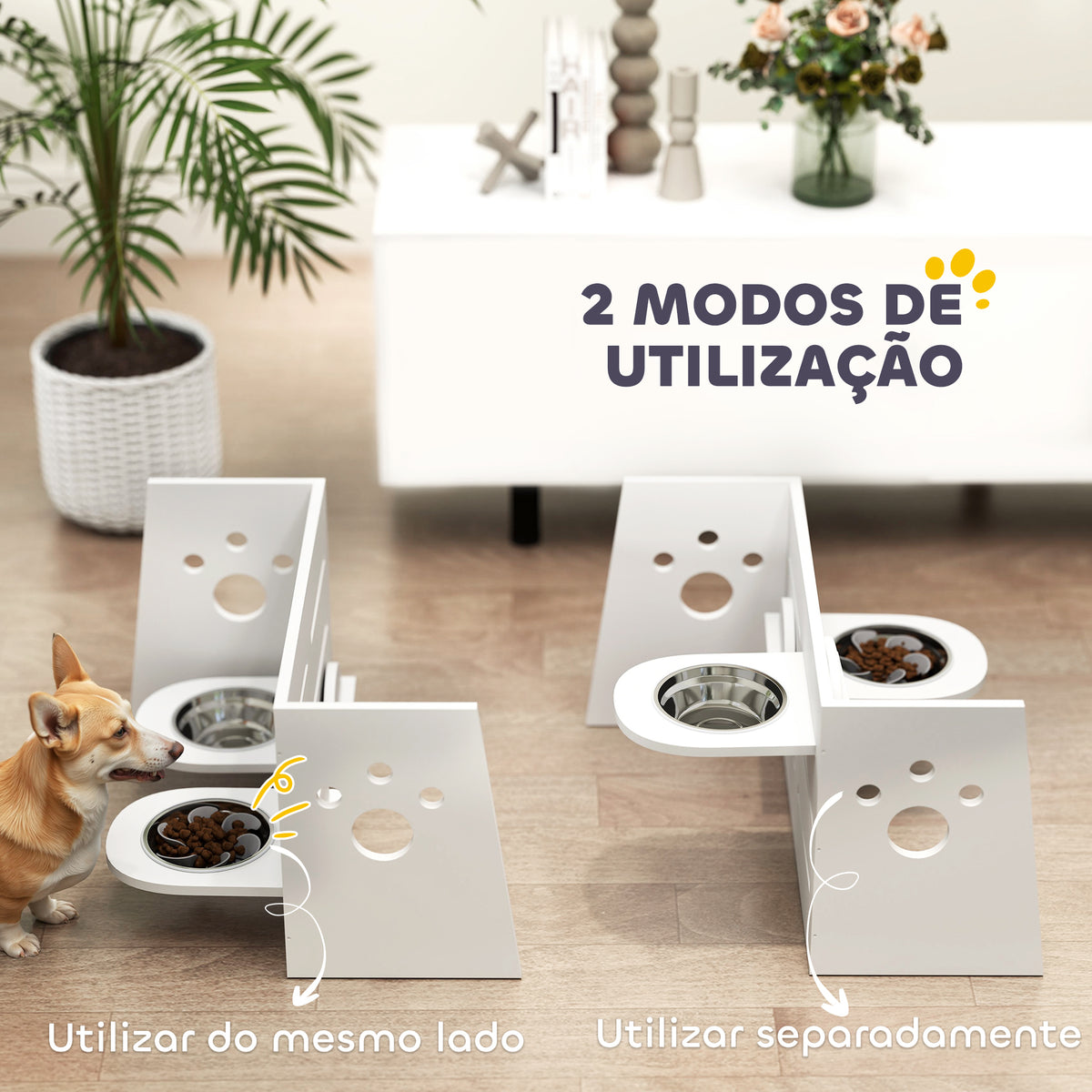 Comedouro para Cães Elevado Comedouro para Animais com 3 Alturas 2 Tigelas 2x1L e Sistema de Alimentação Lenta para Cães Pequenos Médios e Grandes 63x58,5x40 cm Branco — foto 4