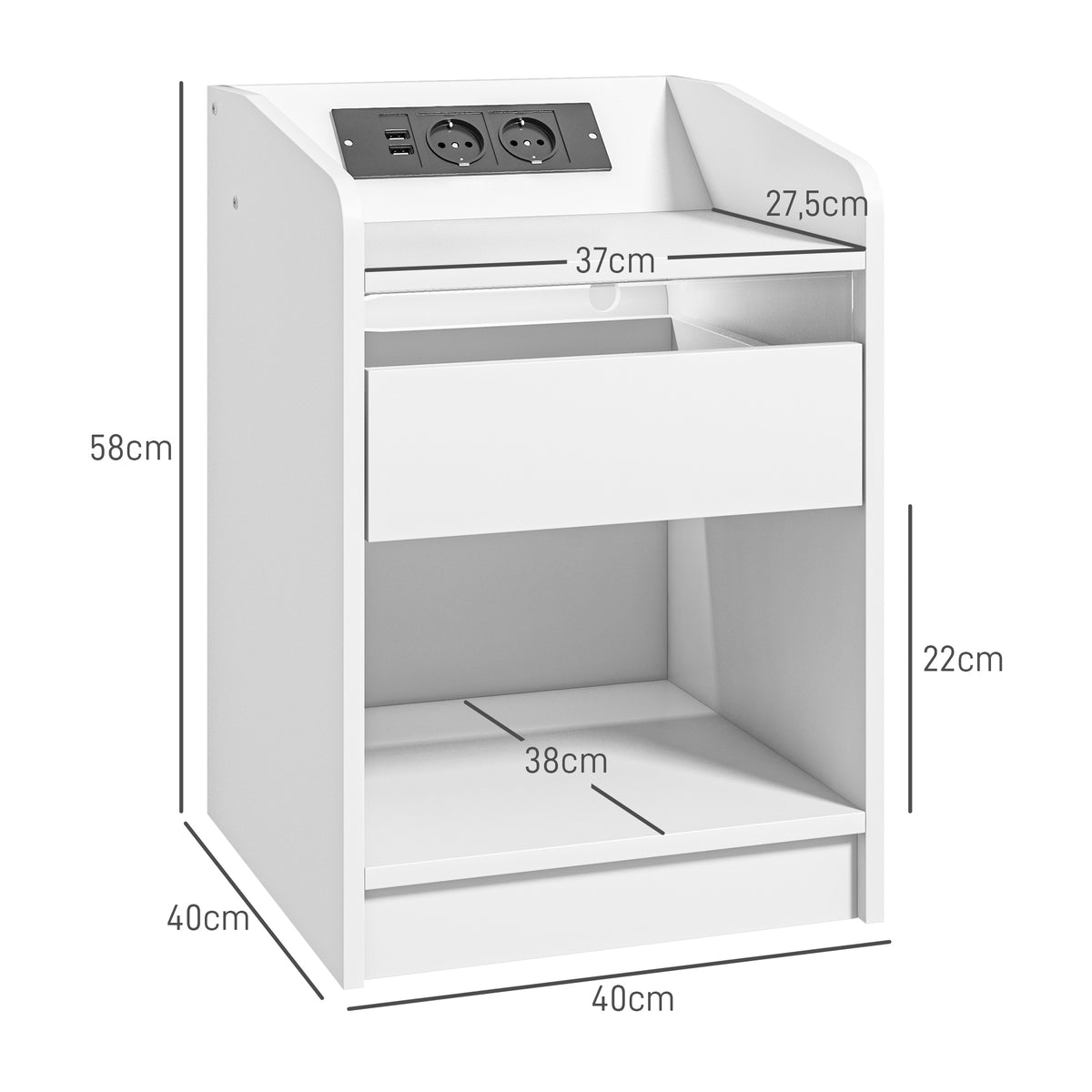 Mesa de Cabeceira com Luzes LED Mesa de Cabeceira com Gaveta Prateleira Estação de Carregamento Entrada USB e Controlo Remoto 40x40x58 cm Branco - Modelo 1 — foto 3