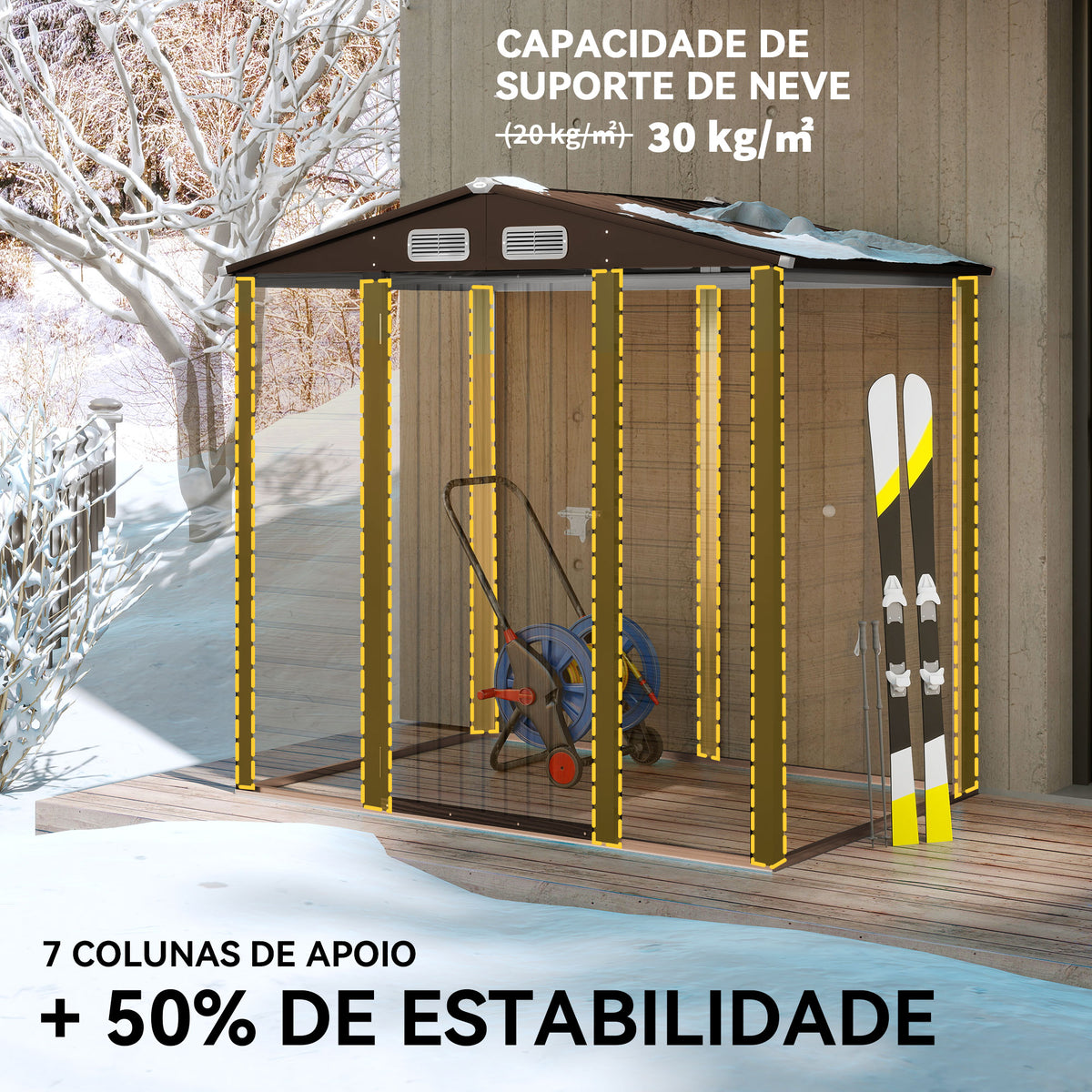 Casota de Jardim Exterior, 2,27 m² 190x131x188 cm, Abrigo Metálico de Jardim com 2 Ventilações, Porta com Fechadura, para Armazenamento de Ferramentas, Carvalho — foto 5