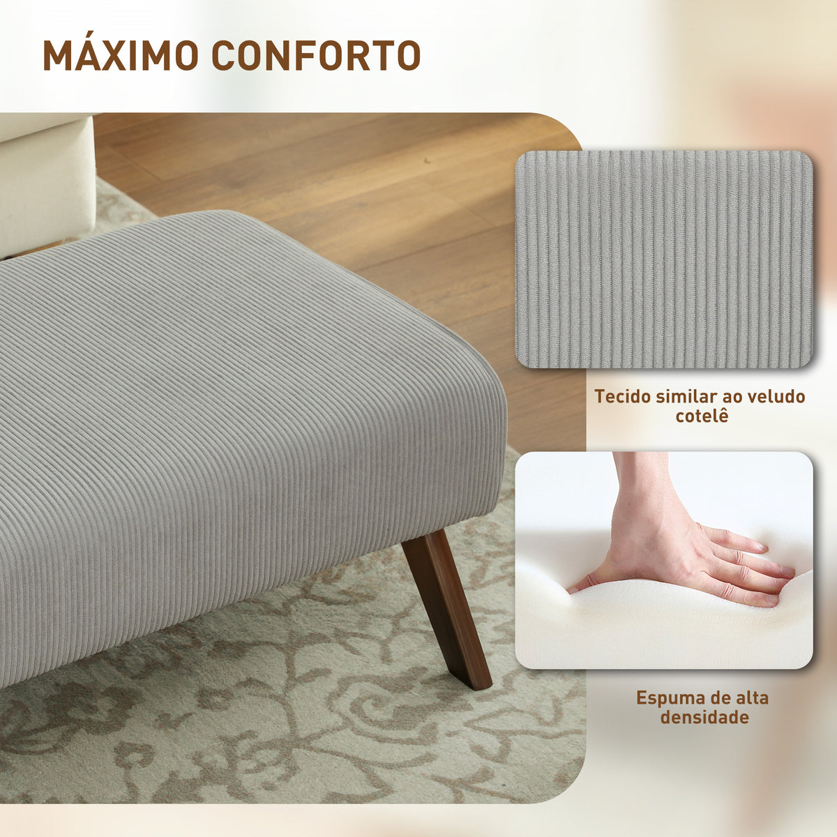 Apoio para Pés para Sala Banco Baixo Estofado em Veludo Otomana Retangular com Assento Almofadado e Pés de Madeira para Sala de Estar Quarto 69x47x36 cm Cinzento Claro — foto 5