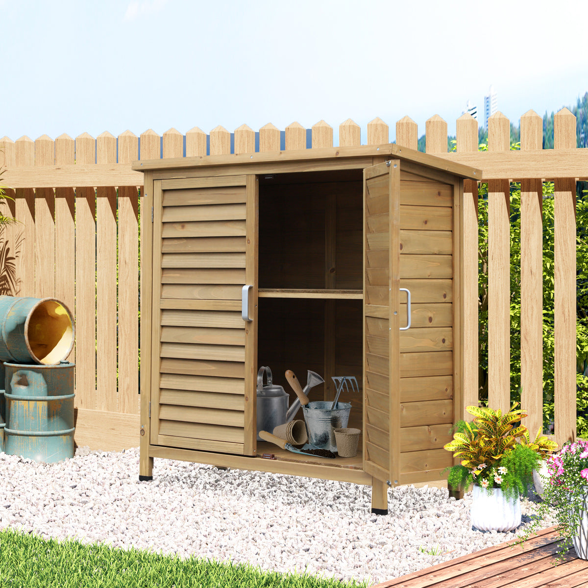 Armário de Armazenamento de Madeira para Jardim com 2 Prateleiras Interiores 2 Portas e Teto Inclinado para Exterior Terraço 87x46,5x96,5cm Natural — foto 2