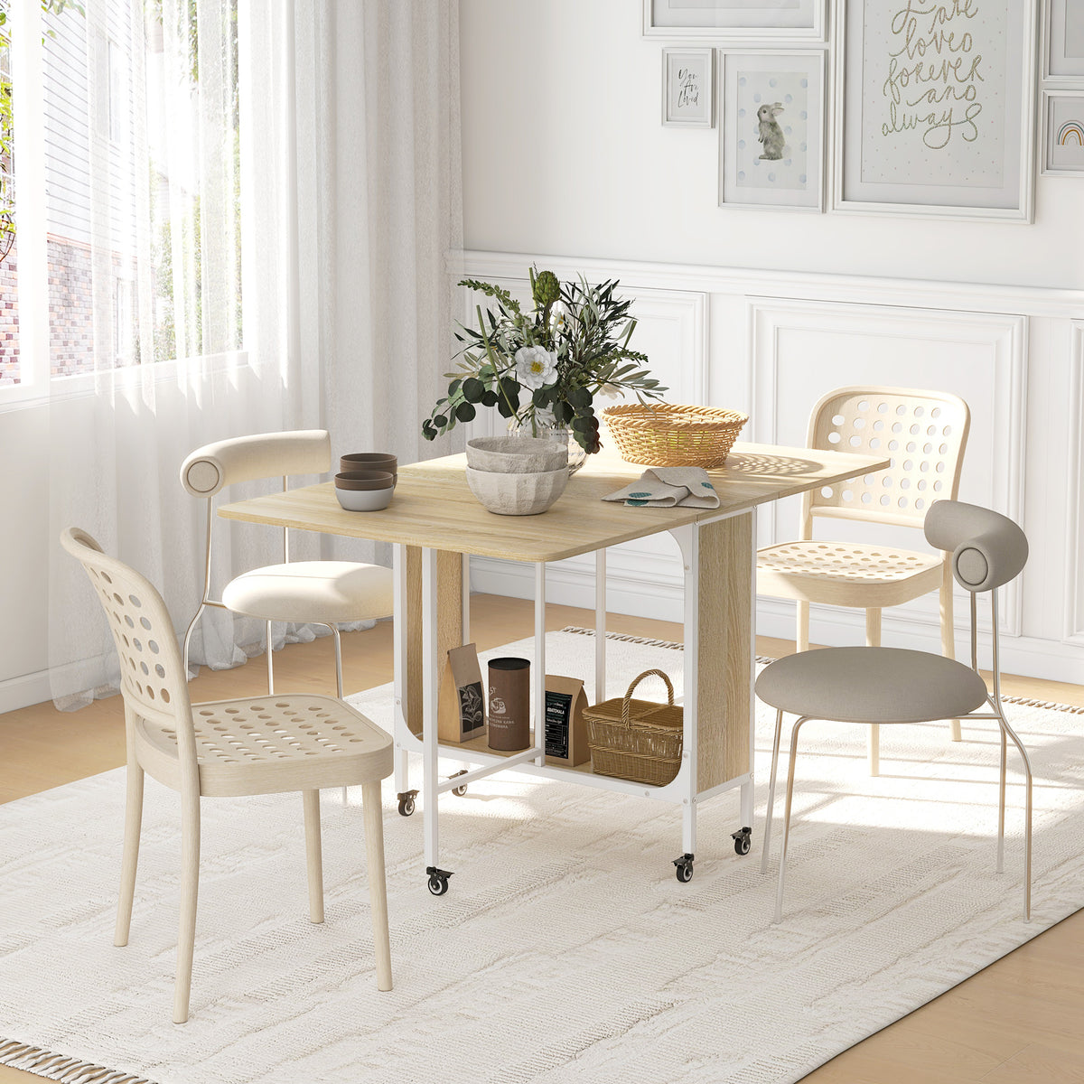 HOMOM Mesa de Cozinha Dobrável Mesa de Refeição Dobrável com Rodas Laterais Abatíveis e Prateleira Mesa Dobrável para Sala de Jantar 130x80x74 cm Madeira e Branco — foto 2