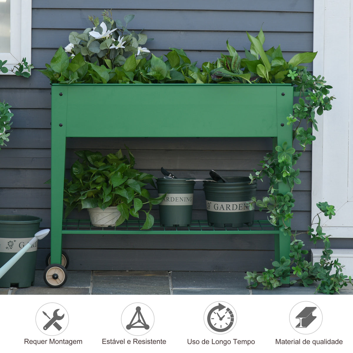 Horta Vertical Elevada de Metal Horta Vertical com Rodas Alça Lateral e Prateleira Inferior para Cultivo de Plantas Flores 104x39x80cm Verde — foto 6