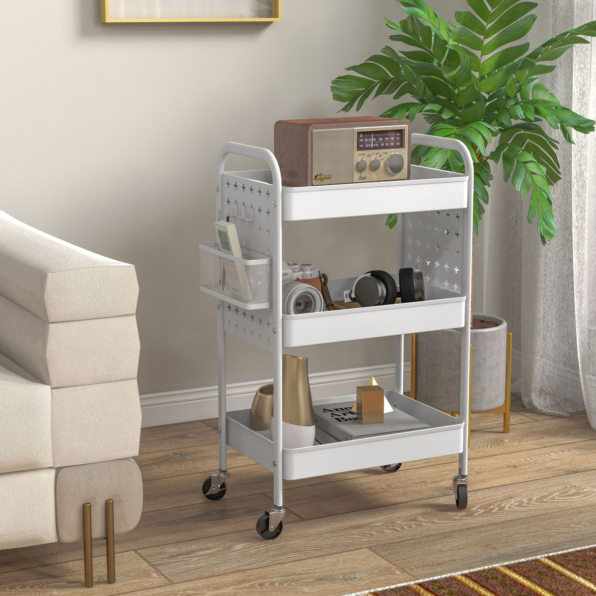 Carrinho Auxiliar com Rodas de Aço Carrinho de Armazenamento com 3 Bandejas 2 Cestos Pendurados e 6 Ganchos para Sala Cozinha Casa de Banho 53,5x30,5x75 cm Branco — foto 2