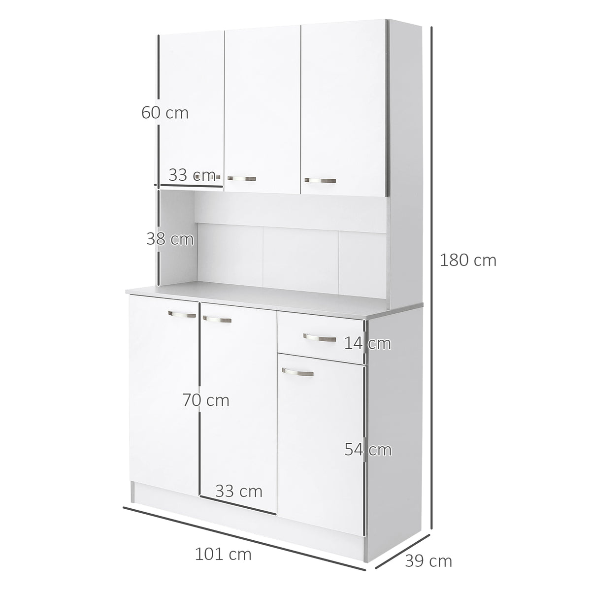 Armário de Cozinha Aparador de Sala de Jantar com 1 Gaveta 6 Portas e Prateleiras Ajustáveis Estilo Moderno 101x39x180 cm Branco — foto 3