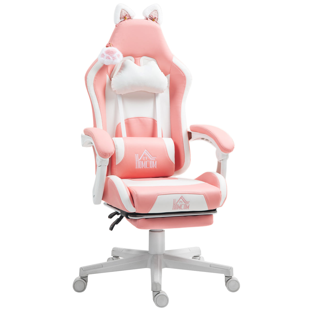 Cadeira Gaming com Orelhas Cadeira Gamer Reclinável com Altura Ajustável Apoio para os Pés Retrátil Suporte Lombar e Apoio para a Cabeça Desmontável Cadeira para Escritório 65x62x116-124 cm Rosa — foto 1
