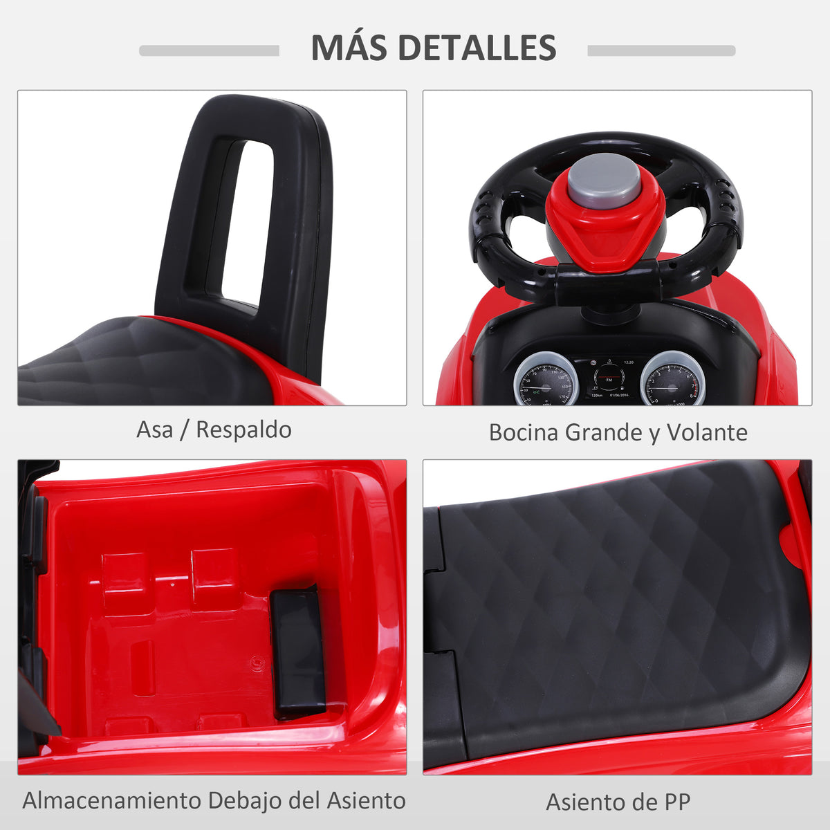 Quad Andador Infantil 1-3 Anos Carro sem Pedais para Bebé Brinquedo de Caminhada Estilo Corrida com Volante, Altifalante e Compartimento Oculto 62x28x41,5cm Vermelho — foto 4