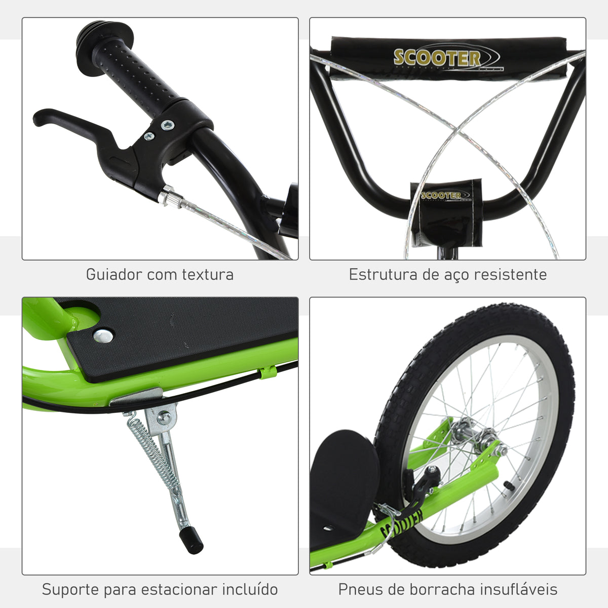 Trotinete para Crianças acima de 5 Anos e Adolescentes com Guiador Ajustável em Altura 2 Pneus de Borracha Insufláveis com Travagem Dupla e Rodas 16" Carga 100 kg 139x58x90-96 cm Verde — foto 6