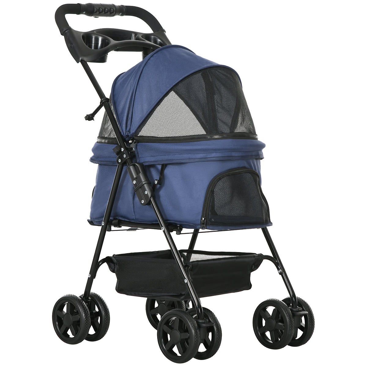 Carrinho para Cães Dobrável Carrinho para Cães Pequenos com Rodas Universáis Cesta de Armazenamento Correias de Segurança e Janelas 67x45x96 cm Azul Escuro — foto 1