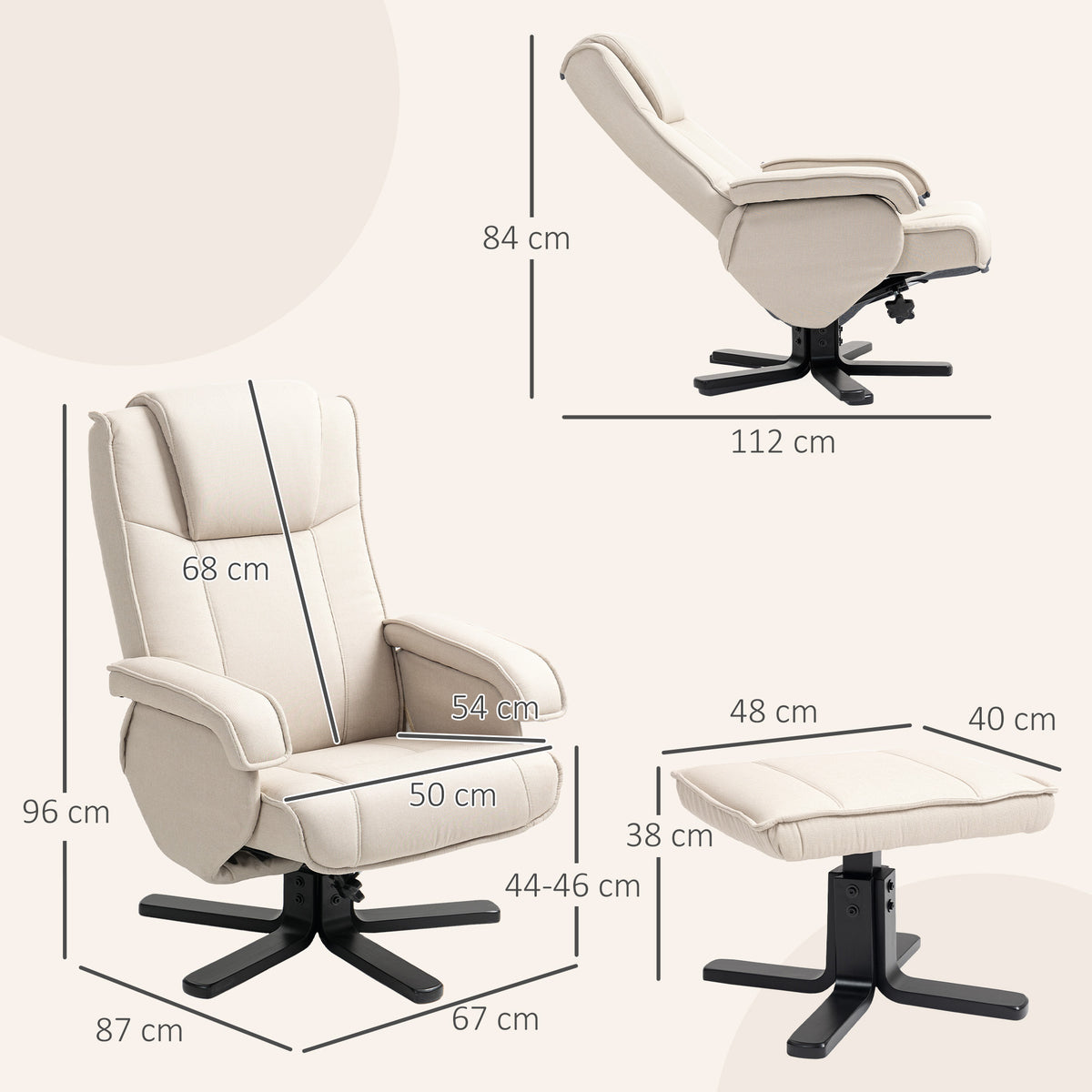 Poltrona Relax Reclinável com Apoio para os Pés Poltrona Giratória Estofada em Linho com Base de Madeira Função Baloiço Poltrona para Quarto Sala de Estar 67x87x96 cm Bege — foto 3