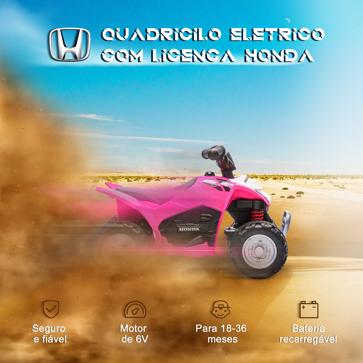 Quadriciclo Elétrico HONDA para Crianças de 18-36 Meses Quadriciclo Elétrico Infantil a Bateria 6V com Faróis LED Buzina Velocidade de 2,8km/h e Avance 65,5x35,5x43,5cm Rosa — foto 4