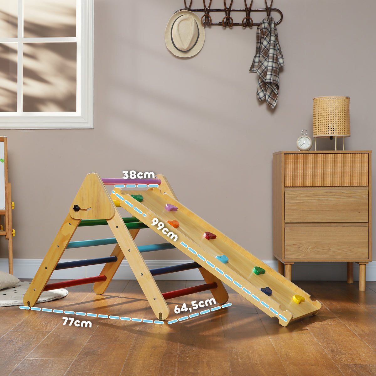 3 em 1 Triângulo de Escalada Montessori, Escalador Infantil de Madeira Dobrável, para Crianças dos 18 aos 48 Meses, com Rampa para Deslizar ou Escalar, 147x64,5 cm, Multicolor — foto 3