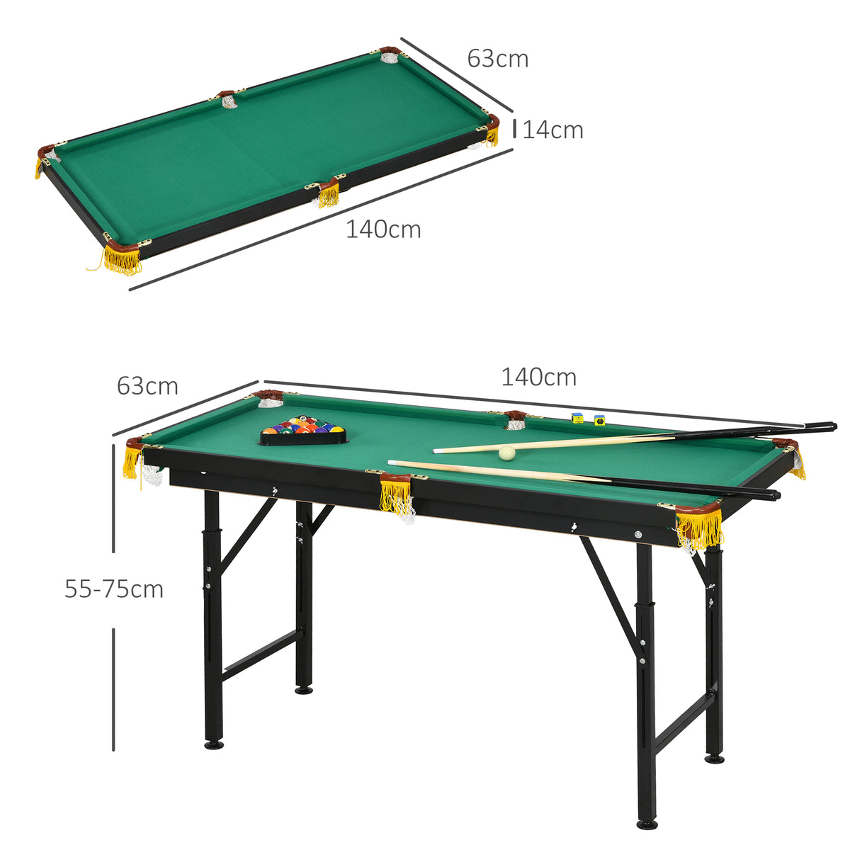 Mesa de Bilhar Dobrável 140 cm com Altura Ajustável, 16 Bolas, 2 Tacos, 2 Giz, Triângulo e Escova, Verde — foto 2