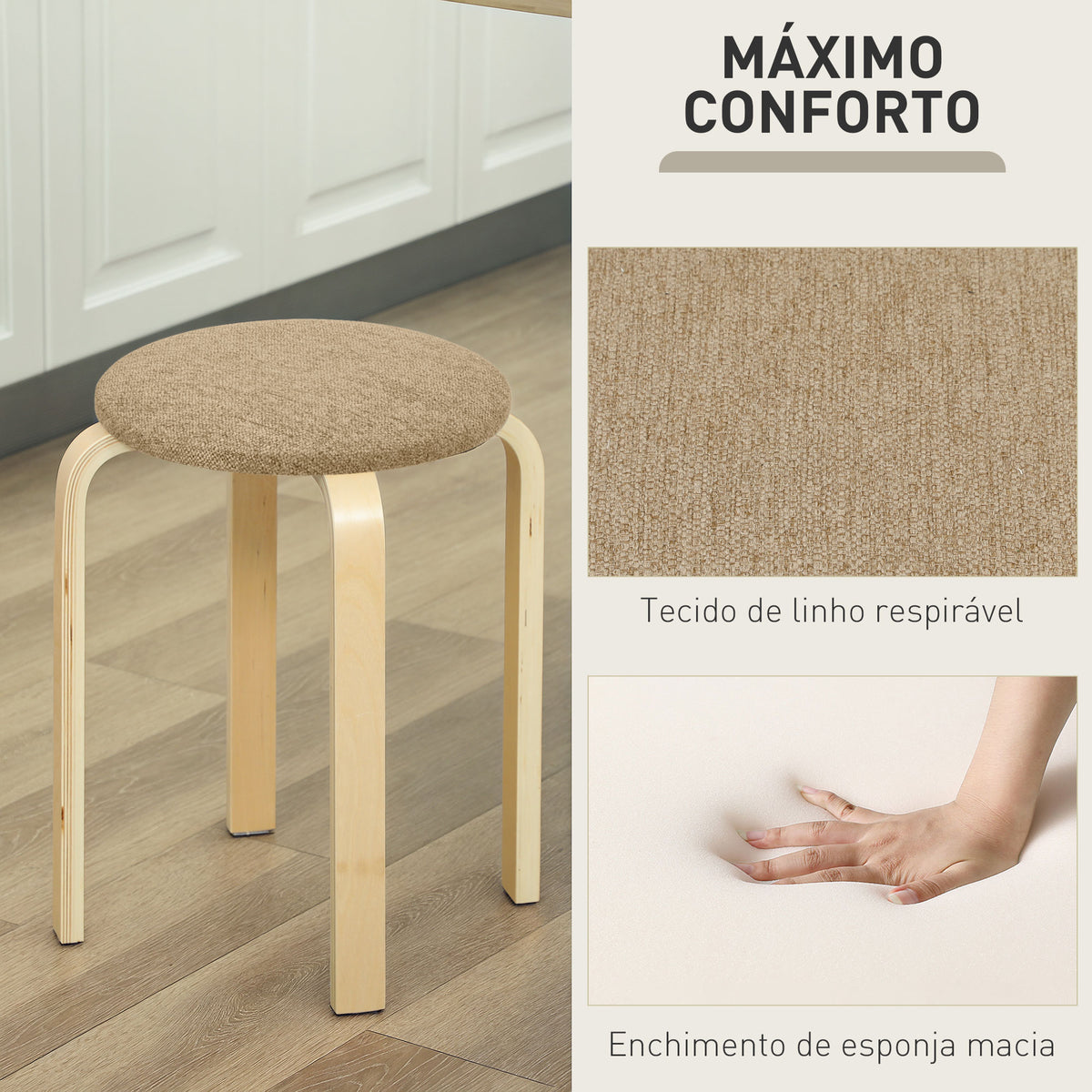 Conjunto de 4 Bancos Empilháveis Redondos Bancos Baixos de Cozinha com Assento Acolchoado para Sala de Jantar Quarto Escritório Sala Caqui e Madeira — foto 5