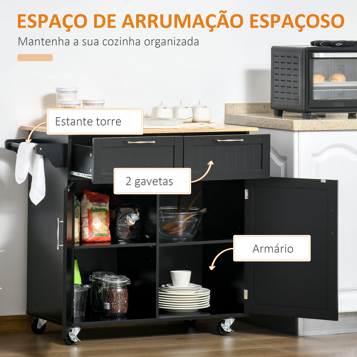 Carrinho de Cozinha com Rodas Móvel Auxiliar de Cozinha com 2 Gavetas 2 Portas Prateleira Ajustável e Suporte para Guardanapos para Sala de Jantar Sala de Estar 104x46x91 cm Preto — foto 4