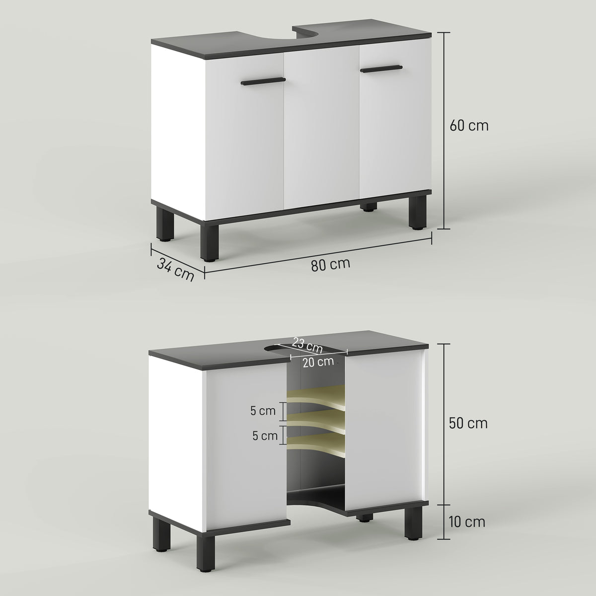 Móvel para Lavatório Pousar Móvel para Lavatório Pedestral Móvel Casa de Banho com 2 Portas e Prateleira Ajustável para Lavatório com ou sem Pedestral 80x34x60 cm Branco Brilhante — foto 3